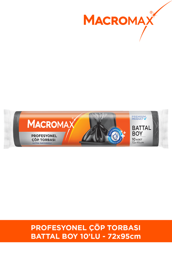 Macromax Profesyonel Çöp Torbası Battal Boy (72x95 cm) 10 Adet Ultra Dayanıklı Kalın Siyah Sanayi Tipi Poşet