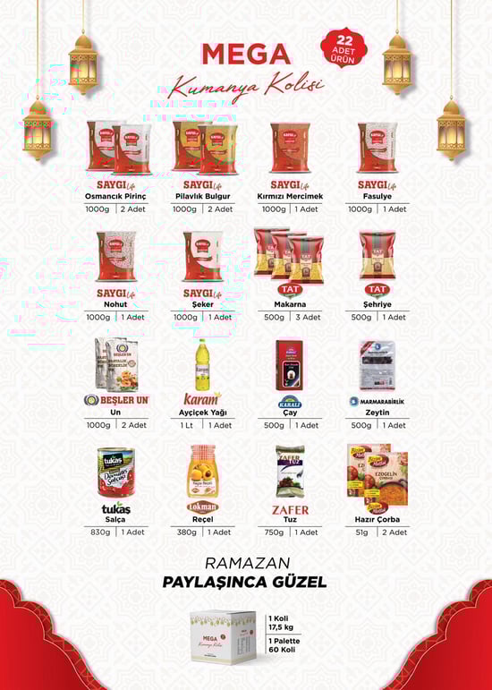 Konya Toptan Ramazan Süper 22 Parça Ürün Kumanya Paketi - MEGA Ramazan Kolisi