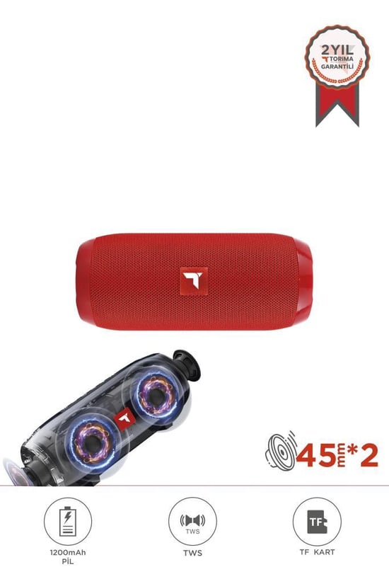Torima D47 Kırmızı Bluetooth Hoparlör Kablosuz Taşınabilir Ses Bombası TWS, USB, TF Kart, 1200 mah