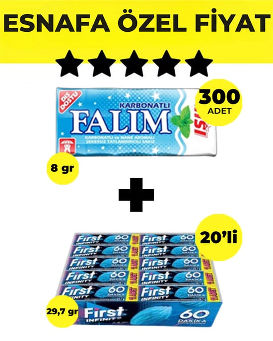 Falım Işıl Nane Aromalı Sakız (5'li 8gr x 300 Adet) + First Infinity 11S Stick Nane Aromalı Sakız (29,7 G x 20 Adet) Bedelsiz - Avantajlı Falım First Paketi