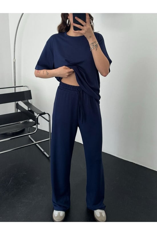 Thiff Lacivert Kadın Modal Kumaş Kısa Kolu Eşofman Takımı