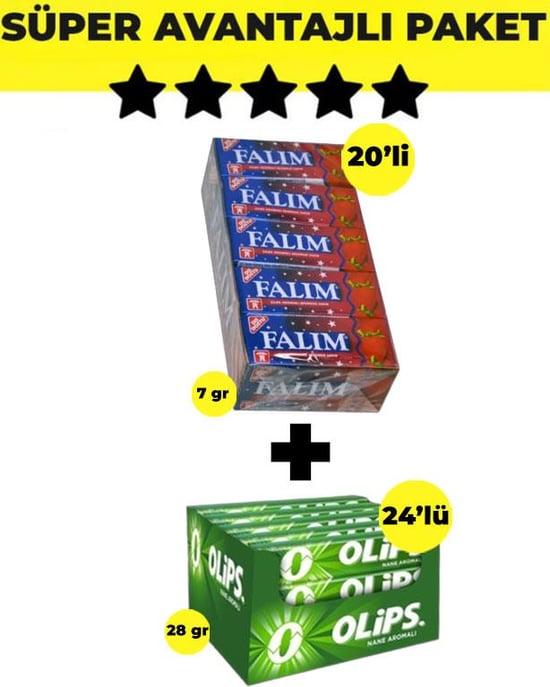 Falım Çilek Aromalı Sakız (5'li x 20 Adet)-  Olips Nane Şekerleme 24'lü Paket (28gr x 24 Adet) - Avantajlı Falım Olips Paketi