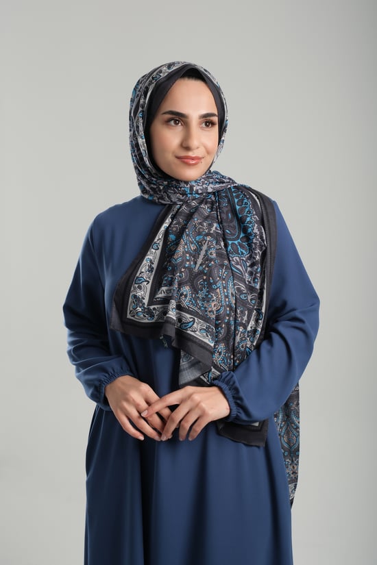 Hürrem Bone Koyu Gri Desenli Şal Kesik Elyaf Pamuksu Etnik Dijital Baskılı 202123_23