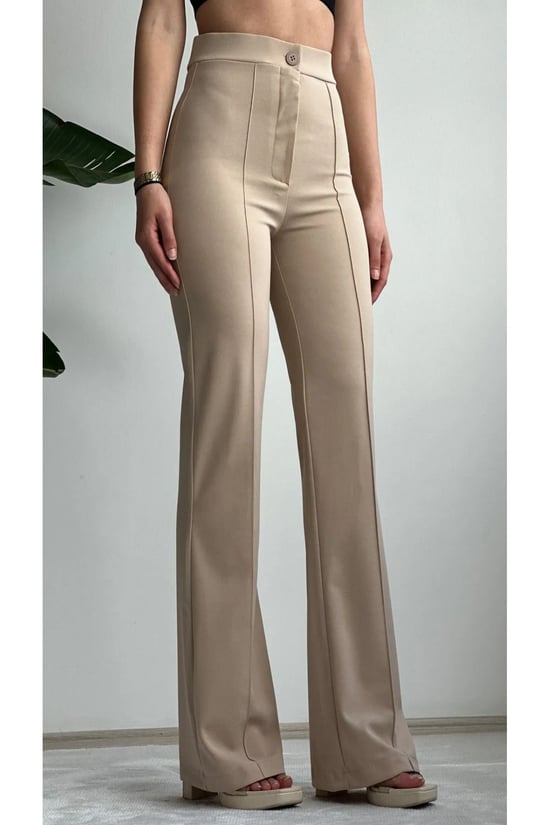 Thiff Krep Kumaş Likralı Önü Çimalı Bej Kadın Palazzo Pantolon