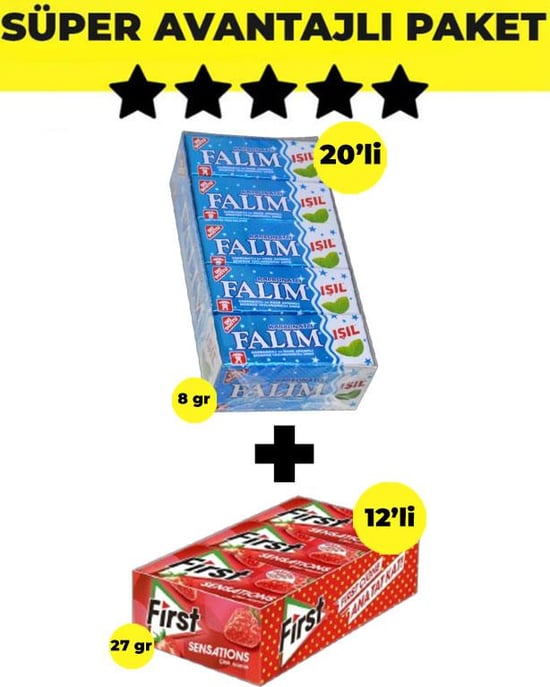 Falım Işıl Karbonatlı & Nane Aromalı Sakız (5'li x 20 Adet)- First Sensations Çilek Aromalı Sakız (27gr x 12 Adet)  - Avantajlı Falım First Paketi