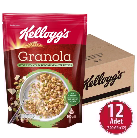 Kellogg's Beyaz Çikolata Parçacıklı&Antep Fıstıklı Granola 300 Gr x 12 Adet