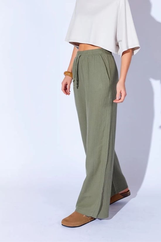 Thiff Haki Bol Paça Müslin Kadın Pantolon