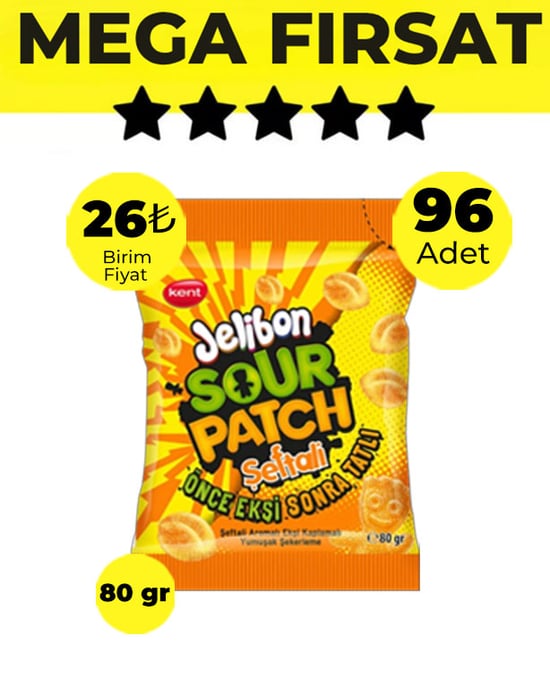 Jelibon Sour Patch Şeftali Yumuşak Şekerleme 80 gr - 96 Adet-4 Koli