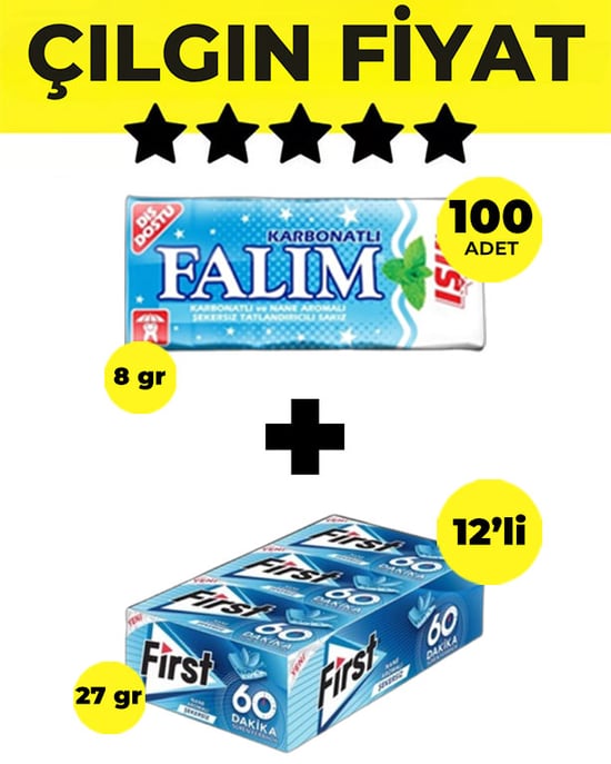 Falım (5'li 8gr x 100 Adet) - First (27gr x 12) Avantajlı Falım Işıl Sakız ve First 60 Dakika Keskin Nane Sakız