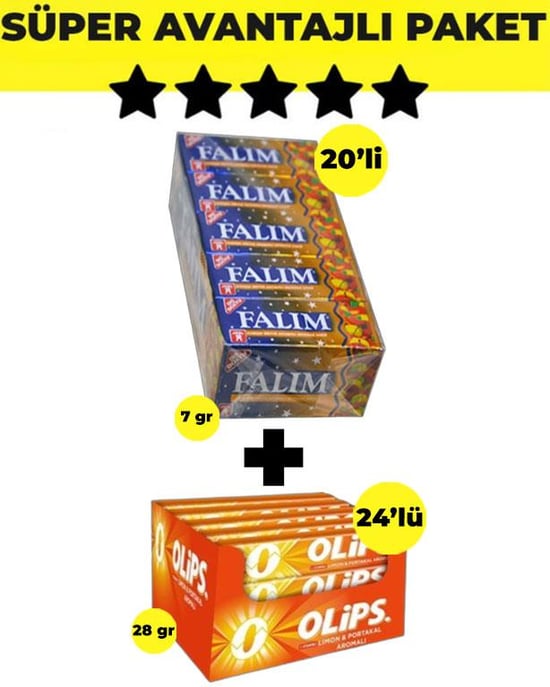 Falım Karışık Meyve Aromalı Sakız (5'li x 20 Adet)- Olips Limon Portakal Şekerleme 24'lü Paket (28gr x 24 Adet) - Avantajlı Falım Olips Paketi