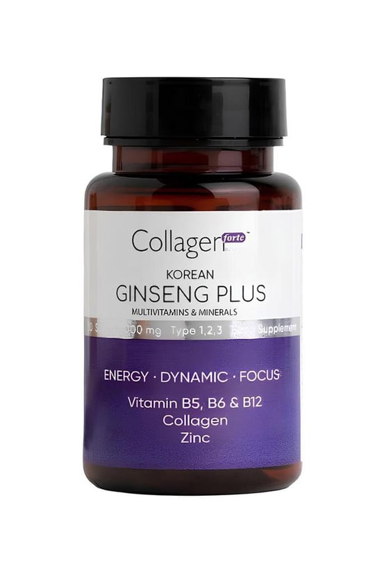 Collagen Forte Platinum Kırmızı Kore Ginseng Plus, Hidrolize Kolajen, Vitamin B5-B6-B12 & Çinko, 1000mg Softjel Kapsül