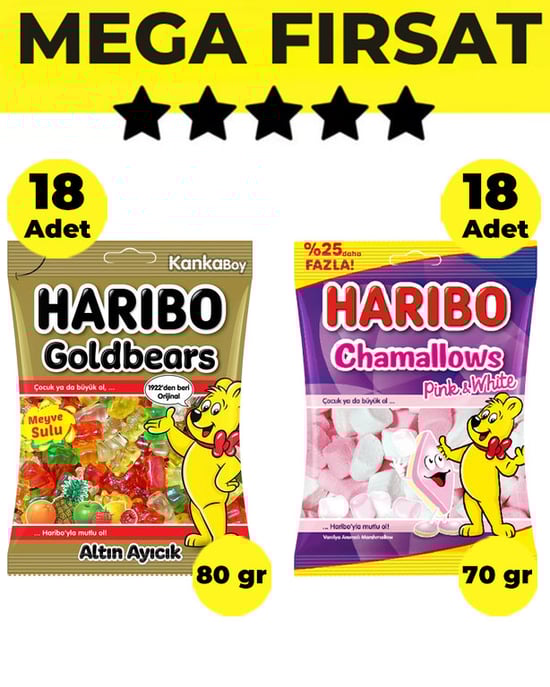Haribo Mix Case Altın Ayıcık-Goldbears 80 G (18 Adet) & Marsmallow-Chamallows Pink And White 70 G (18 Adet)