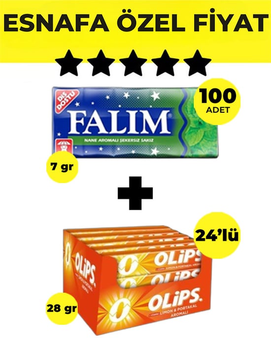 Falım Nane Aromalı Sakız (5'li 7gr x 100 Adet) - Olips Limon Portakal Şeker 24’lü Paket (28gr x 24 Adet) Avantajlı Falım-Olips Paketi
