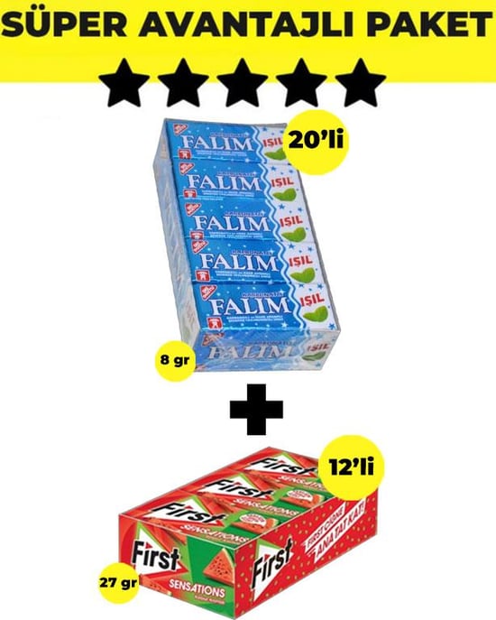 Falım Işıl Karbonatlı & Nane Aromalı Sakız (5'li x 20 Adet)- First Sensations Karpuz Aromalı Sakız (27gr x 12 Adet) - Avantajlı Falım First Paketi