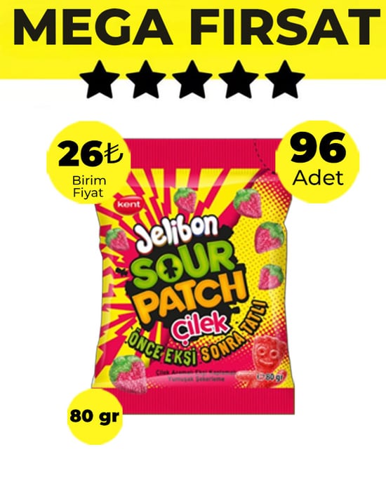 Jelibon Sour Patch Çilek Yumuşak Şekerleme 80 gr - 96 Adet-4 Koli