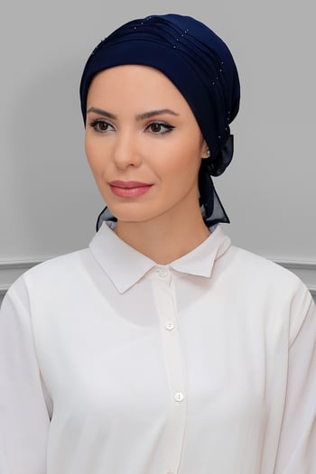 Hürrem Bone Lacivert Pratik Hazır Geçmeli Tesettür Bone Sandy Kumaş İncili Pileli Nervürlü Güllü 1805_02