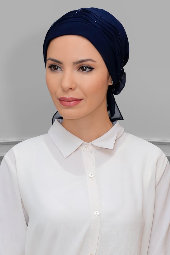 Hürrem Bone Lacivert Pratik Hazır Geçmeli Tesettür Bone Sandy Kumaş İncili Pileli Nervürlü Güllü 1805_02