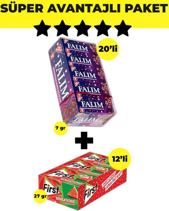 Falım Orman Meyve Aromalı Sakız (5'li x 20 Adet)- First Sensations Karpuz Aromalı Sakız (27gr x 12 Adet) - Avantajlı Falım First Paketi