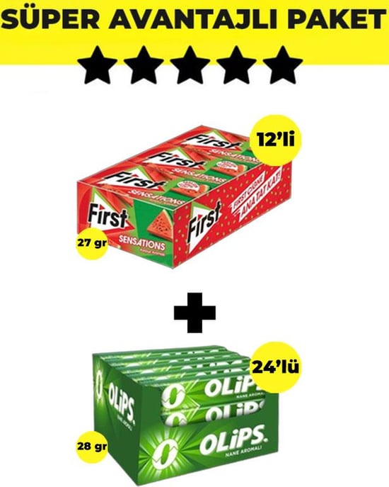 First Sensations Karpuz Aromalı Sakız (27gr x 12 Adet)- Olips Nane Şekerleme 24'lü Paket (28gr x 24 Adet) - Avantajlı First Olips Paketi