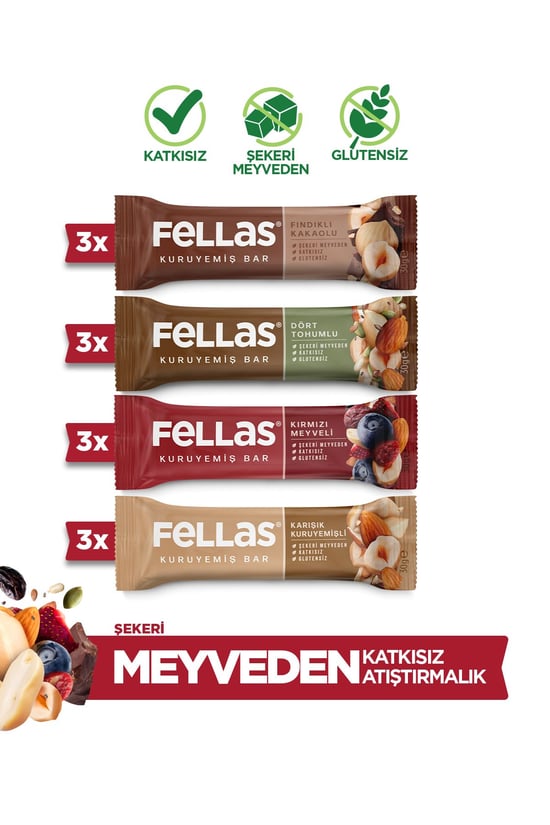 Fellas Kuruyemiş Bar Karma Kutu 30g - 12 Adet (4 Çeşit)