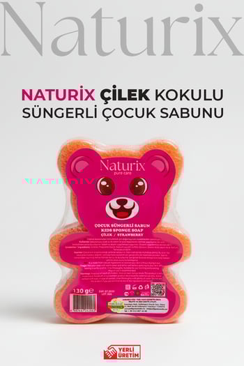 Naturix Ayıcık Şekilli Süngerli Çilekli Çocuk Sabunu Hassas Ciltler İçin Yumuşak Bakım 150 gr