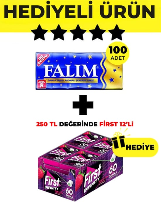 Falım (5'li 7gr x 100 Adet) - First (19,5gr x 12) Avantajlı Falım Damla Sakız ve First 60 Dk Infinity Çilek Lime Aromalı Sakız