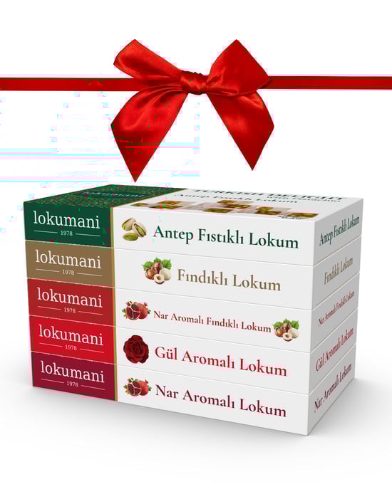 lokumani 5'li Kurdeleli 350 Gr Set (Antep Fıstıklı,Fındıklı,Narlı Fındıklı,Güllü,Narlı)