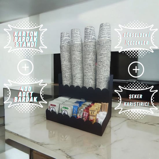 Karton Bardak ve İkram Standı–8 Oz Uyumlu/Kahve & Şeker & Karıştırıcı Seti/Karton Bardaklık