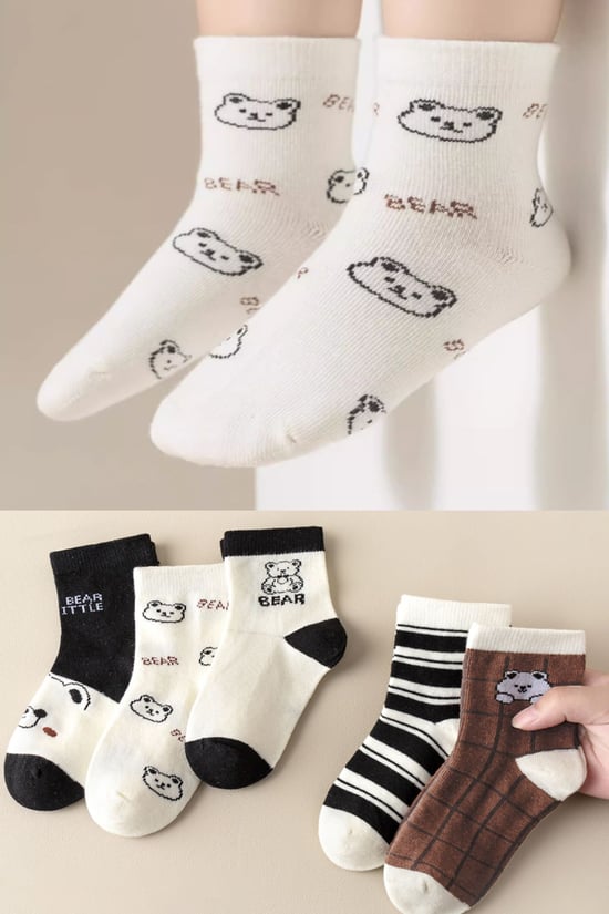 BGK 5 Çift Ekru Bear Desenli Çocuk Çorap 3-4 Yaş