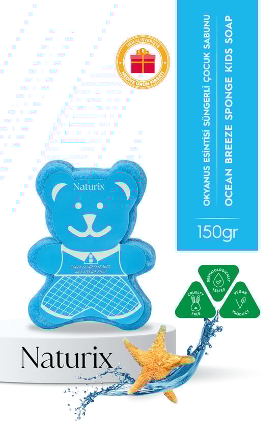 Naturix Ayıcık Şekilli Süngerli Okyanus Ferahlığı Çocuk Sabunu Hassas Ciltler İçin Yumuşak Bakım 150 gr