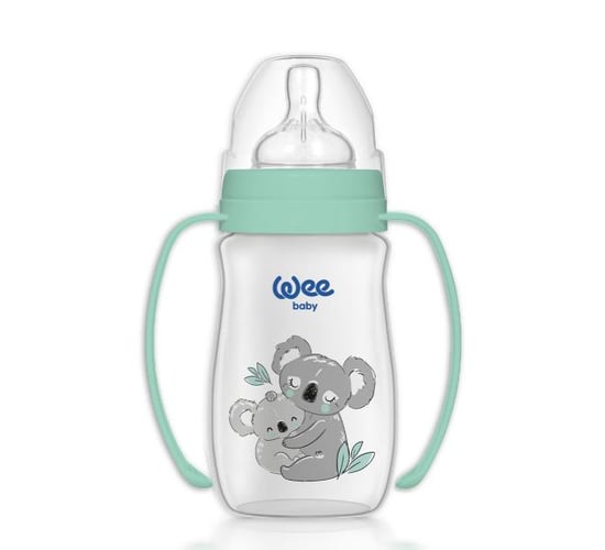 Wee Baby Safari Kulplu PP Biberon 250 ml 0-6 ay Yeşil (no:2 geniş ağızlı biberon emziği hediye)