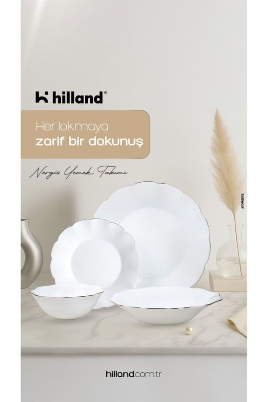 Hilland Nergis Yaldızlı Opal 24 Parça Yemek Takımı 6 Kişilik