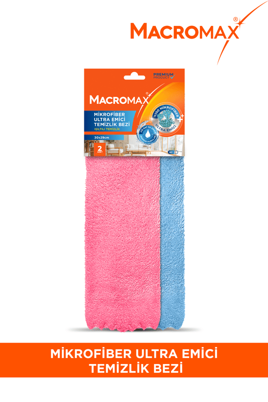 Macromax Mikrofiber Ultra Emici Temizlik Bezi 2'li Paket 30x29cm Işıltılı ve Pürüzsüz Temizlik