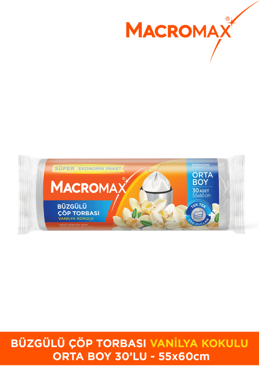 Macromax Büzgülü Çöp Torbası Orta Boy (55x60cm) Vanilya Kokulu 30 Adet Süper Ekonomik Paket