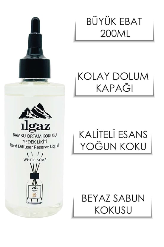 Ilgaz Beyaz Sabun Yedek Likit Şişe Oda Kokusu White Soap Bambu Çubuklu Oda Kokusu 200 ml