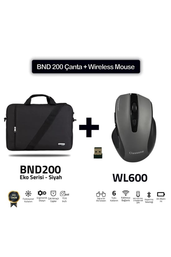 Classone BND200 Eko Serisi 15.6 inç. Notebook Çantası-Siyah + WL600 Wireless Mouse