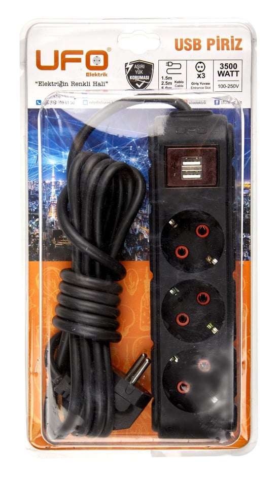 Ufo 3'lü 5 Metre USB'li Grup Priz Siyah