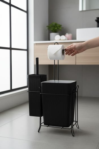 siyah banyo seti, demir standlı banyo seti, çöp kovası banyo, tuvalet fırçası seti, tuvalet kağıtlığı set, modern banyo aksesuarları, şık banyo düzenleme