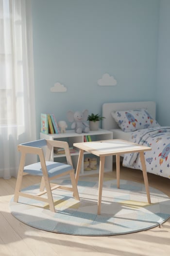 Montessori Çocuk Ahşap Oyun Etkinlik Çalışma Masası,Saklama Alanlı,Mavi Sandalye