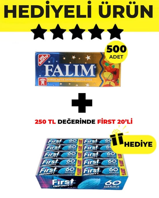 Falım Karışık Meyve Aromalı Sakız (5'li 7gr x 500 Adet) + First Infinity 11S Stick Nane Aromalı Sakız (29,7 G x 20 Adet) Bedelsiz - Avantajlı Falım First Paketi
