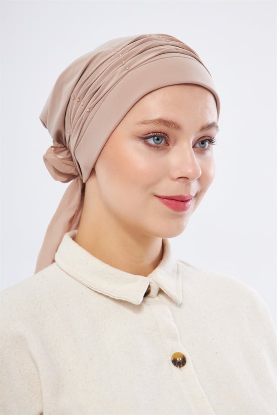 Hürrem Bone Bej Pratik Hazır Geçmeli Tesettür Bone Sandy Kumaş İncili Pileli Nervürlü Güllü 1805_12