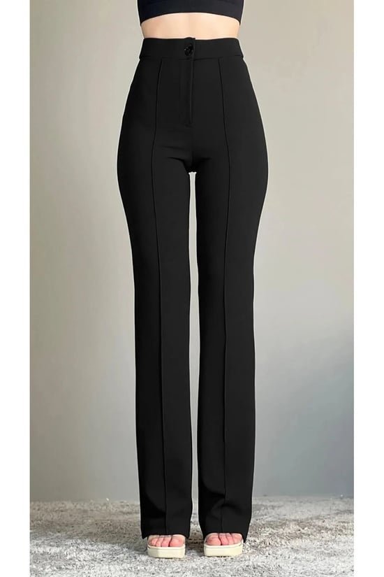 Thiff Krep Kumaş Likralı Önü Çimalı Siyah Kadın Palazzo Pantolon