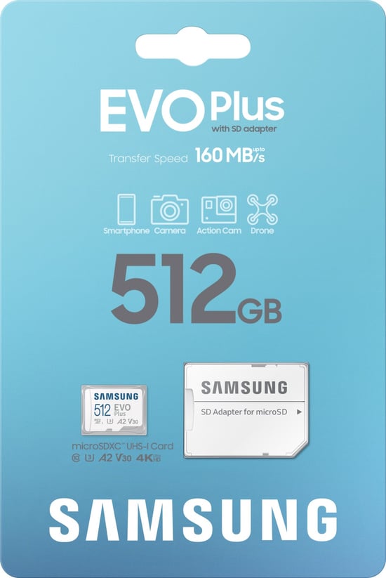 Samsung Evo Plus 512 GB Micro SD MB-MC512SA Class 10 UHS-I U3 A2 V30 MicroSD + SD Adaptör 512GB Hafıza Kartı