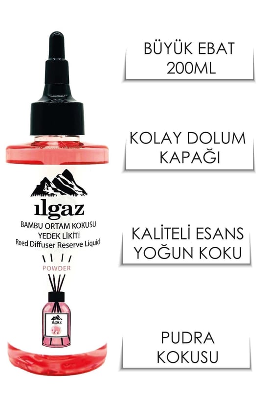 Ilgaz Pudra Yedek Likit Şişe Oda Kokusu Powder Bambu Çubuklu Oda Kokusu 200 ml