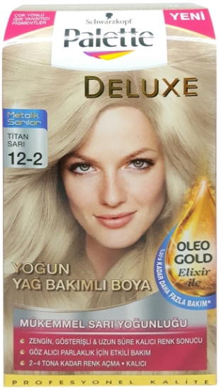 Palette, deluxe, delüks, delüx, delux, küllü, titan, sarı, 12-2, Tüp, Krem, Boya, 5ML, palete, pallete, krem boya, tüp boya, küllü açık kumral, mükemmel kapatıcı, kalıcı boya, saç boyası, beyazlık giderici, beyaz saç kapatıcı, canlandırıcı formül, argan yağı katkılı, hair dye, titanium blonde, color, hair color, haarfarbe, Henkel