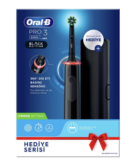 Oral-B Pro 3500 Şarj Edilebilir Diş Fırçası Siyah + Seyahat Kabı Hediye