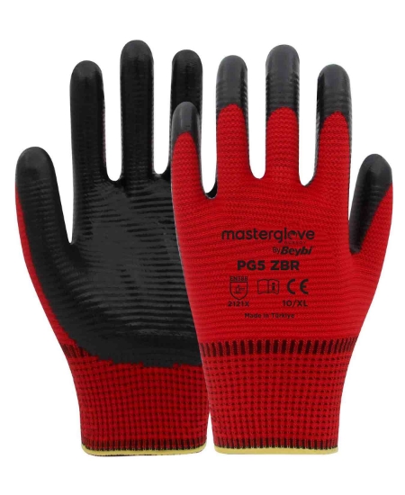 Master Glove PG5 Zebra Kırmızı Polyester Örme Nitril İş Eldiveni 10 Beden