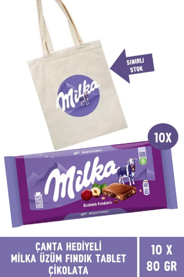 Milka Çanta Hediyeli Milka Üzüm Fındık Tablet Çikolata 80 gr - 10 Adet