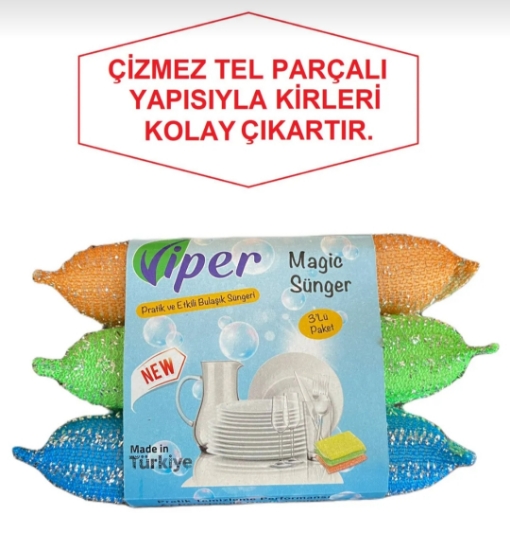 Viper 3'lü Farklı Renklerde Simli Magic Sünger Bulaşık Süngeri