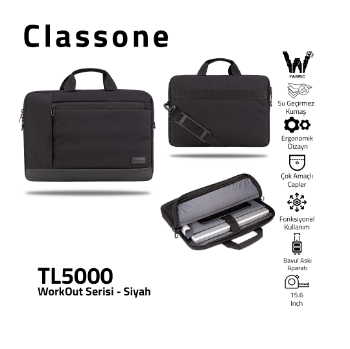 Classone WorkOut Serisi TL5000 WTXpro Su Geçirmez Kumaş 15.6" inch Siyah Laptop  Notebook Çantası